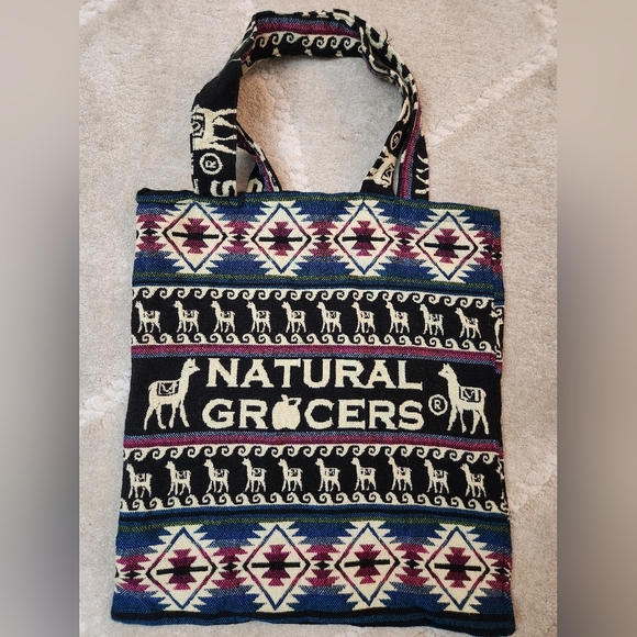 Patterned Wool Tote Bag - Black and Cream Natural Grocers Lama Lana Fabric Bag - Picture 1 of 7
